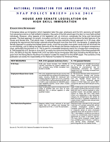 NFAP Policy Brief: House and Senate Legislation on High Skill Immigration