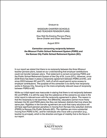 Erratum to Missouri Charter Schools and Teacher Pension Plans: How Well Do Existing Pension Plans Server Charter and Urban Teachers?