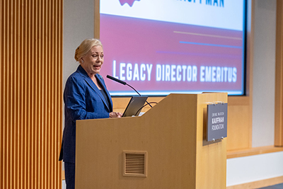 Julia Irene Kauffman, chairman and CEO of the Muriel McBrien Kauffman Family Foundation, speaks at the KSI Legacy event.