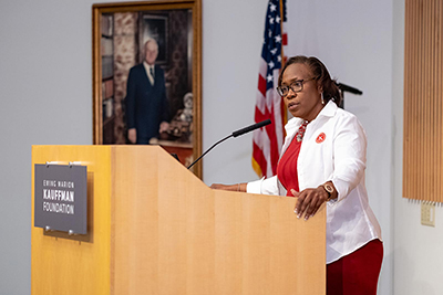 Dr. DeAngela Burns-Wallace, president and CEO of the Kauffman Foundation, speaks at the KSI Legacy event.