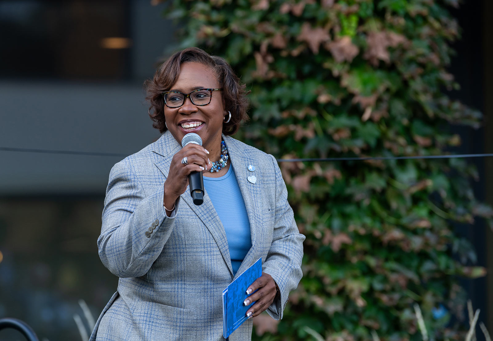 Dr. DeAngela Burns-Wallace speaks to community members during the Kauffman Foundation's Open House event Sept. 28, 2023.