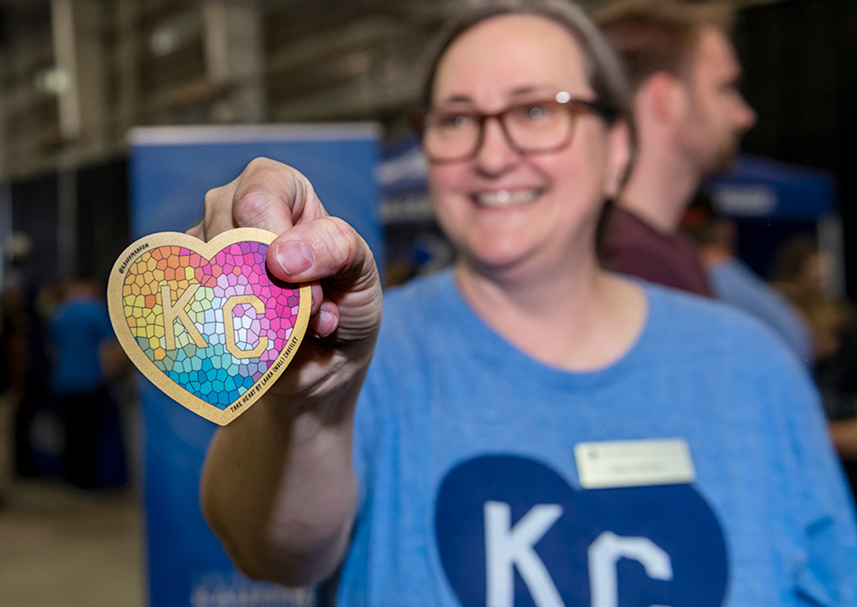 A sticker version of Laura Noll Crossley's 'Takes Heart' heart from the Parade of Hearts reveal event.