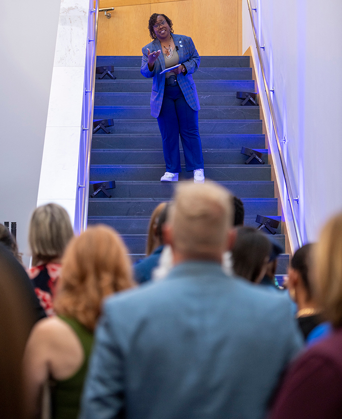 Dr. DeAngela Burns-Wallace speaks to open house attendees at the Ewing Marion Kauffman Foundation Spark event