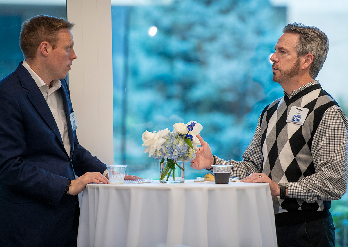 Connor Nowalk and Stephen Arbo in conversation at the Ewing Marion Kauffman Foundation Spark Open House event