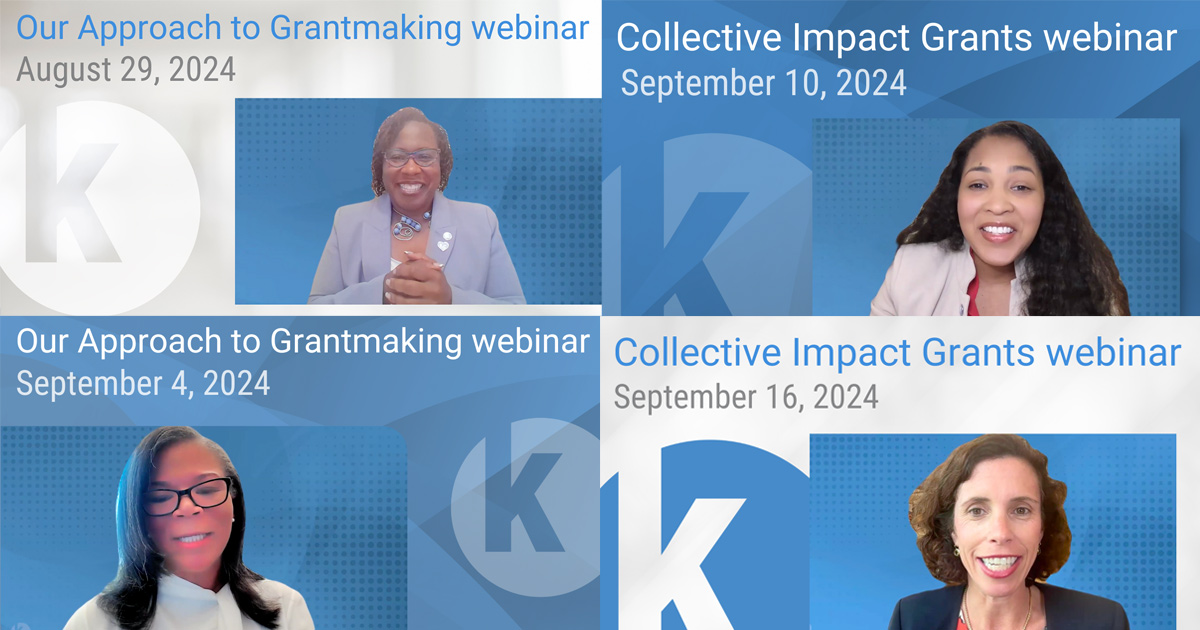 A collage of webinars hosted by Kauffman Foundation discussing the organization's updated grantmaking philosophy